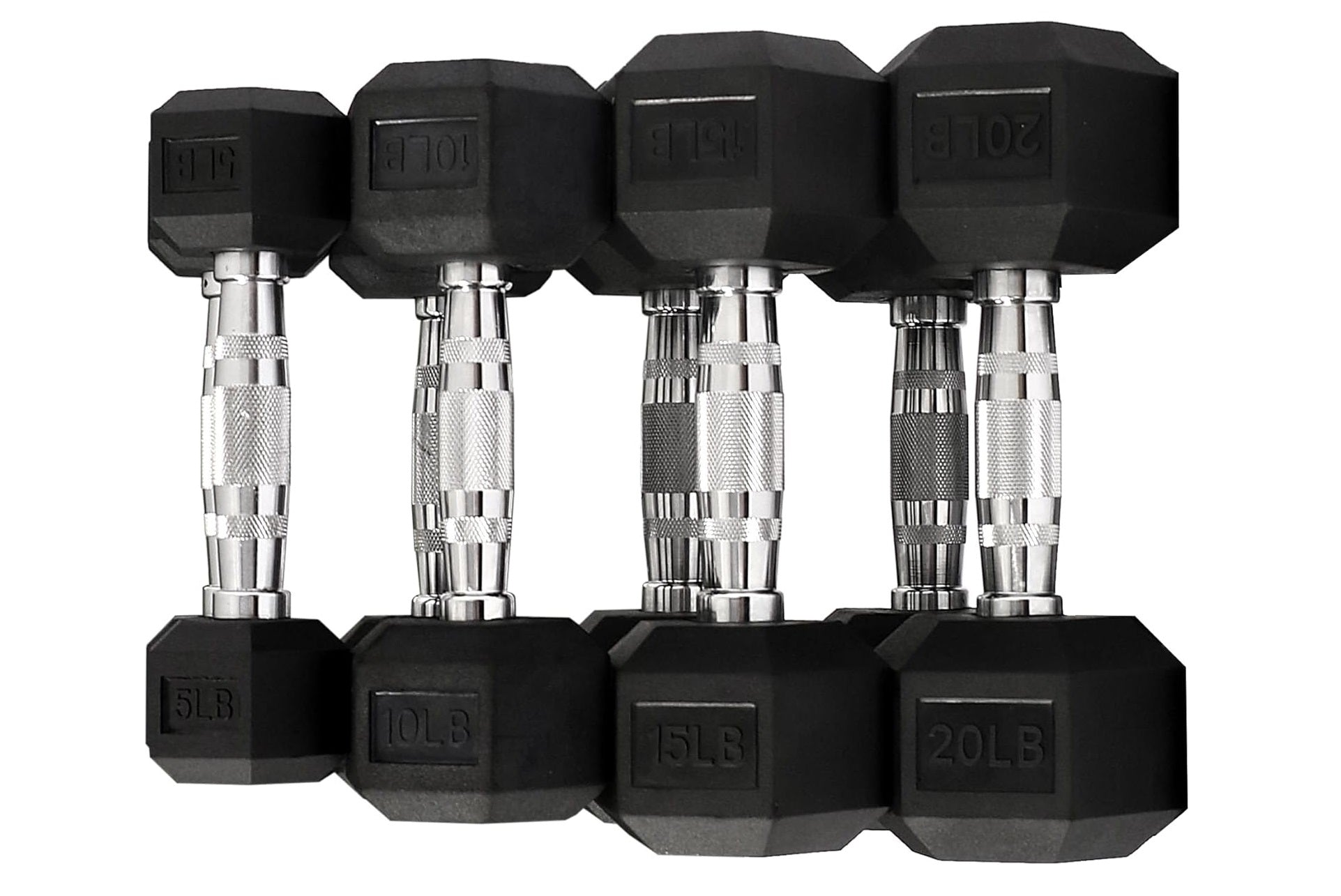 Set of four black rubber hex dumbbells with chrome knurled handles, ranging from 5lb to 20lb, displayed on white background