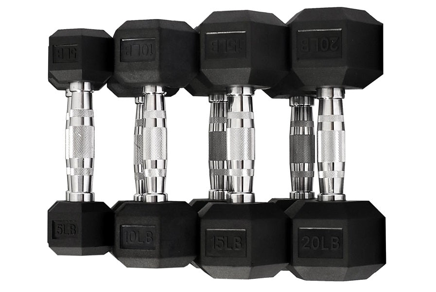 Set of four black rubber hex dumbbells with chrome handles, ranging from 5lbs to 20lbs, displayed on white background