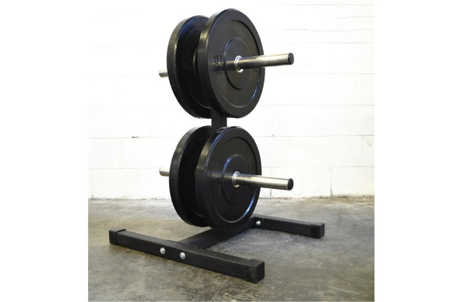 Warrior Olympic weight plate tree with two black plates and blue trim on metal bar, mounted on black steel base