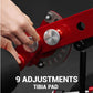 Hand adjusting red and black plate-loaded leg extension machine with silver dial control and adjustment knob