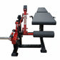 Warrior Signature commercial leg extension and prone leg curl machine with red frame, black padding, and steel components on 