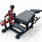 Red and black plate-loaded leg extension and prone leg curl machine with gray padded seat and footrest on white background