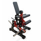 Red and black commercial leg extension and prone leg curl machine with padded gray seat and leg rollers on white background