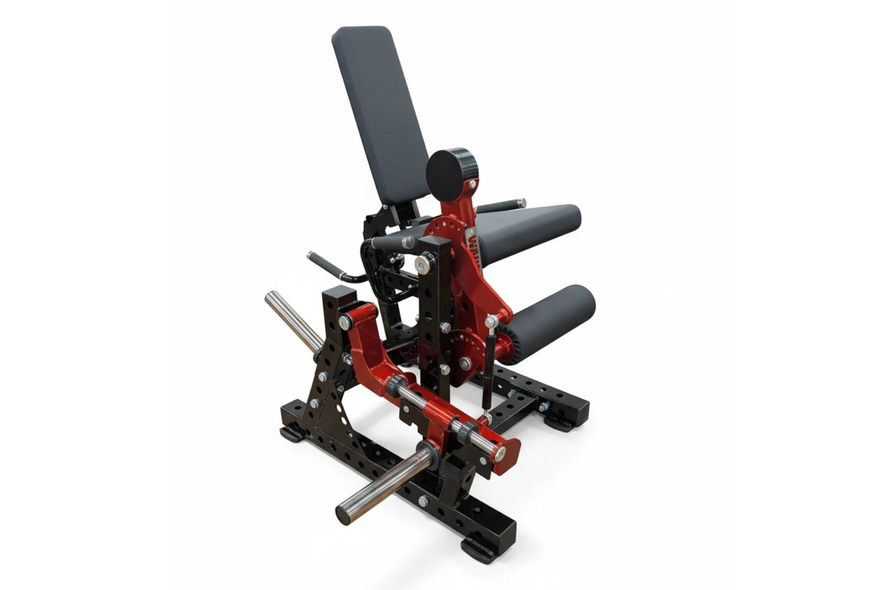 Red and black commercial leg extension and prone leg curl machine with padded gray seat and leg rollers on white background