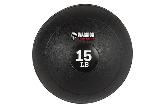 Warrior Strength black rubber 15 LB slam ball with textured surface on white background