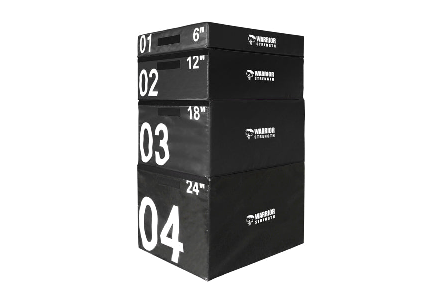 Warrior Strength black stackable plyo boxes in four sizes: 6", 12", 18", and 24", stacked on white background