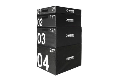 Warrior Strength black stackable plyo boxes in four sizes: 6", 12", 18", and 24", stacked on white background