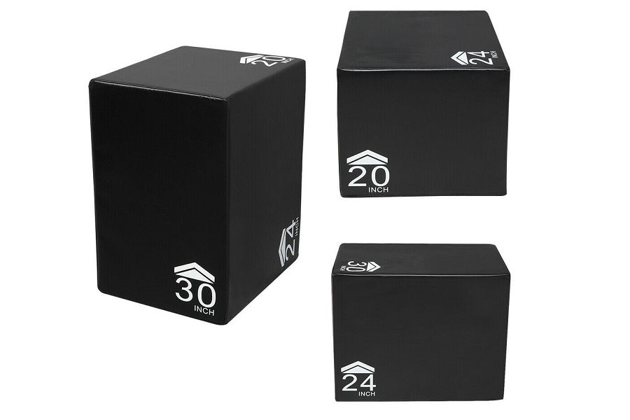 Black soft plyo boxes in three sizes (20, 24, and 30 inch) with white text labels, shown from multiple angles on white backgr