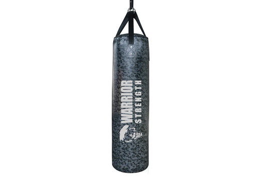 Warrior Pro heavy punching bag in dark gray textured vinyl with black straps, hanging against white background