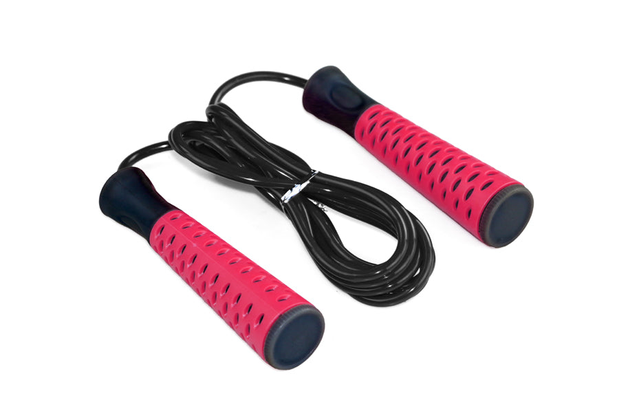 Warrior Elite Soft Grip Speed Rope with pink textured handles, black cord, and dark blue end caps on white background