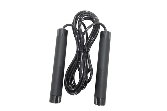 Black speed jump rope with foam handles and connected cable on white background