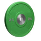 Green 25-pound urethane bumper plate with stainless steel center ring on white background