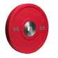 Red urethane bumper plate with 55-pound weight marking and chrome center collar, shown on white background