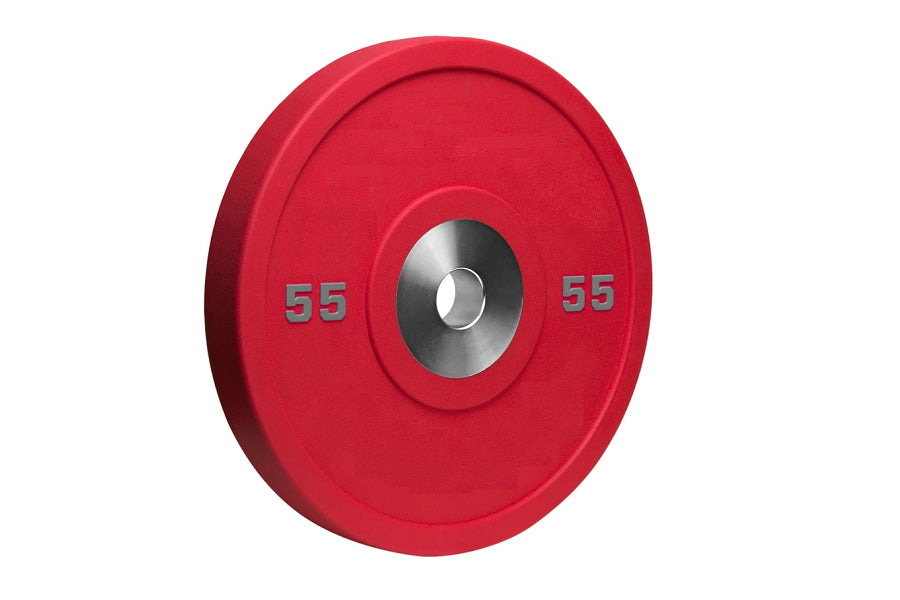 Red urethane bumper plate with 55-pound weight marking and chrome center collar, shown on white background