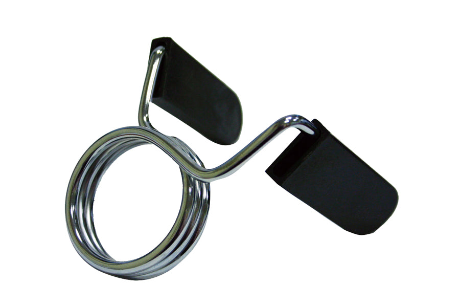 Warrior Spring Clamp Olympic Bar Collars with chrome spiral clamps and black neoprene sleeves on white background