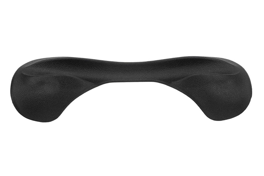Black foam barbell squat pad with curved contoured ends, flat lay on white background