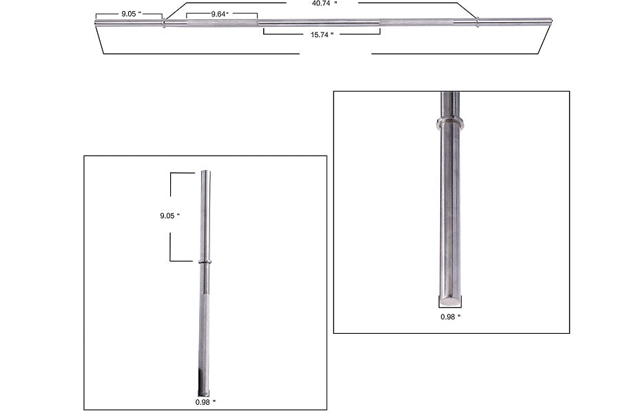 Warrior Standard 1-inch weightlifting bar with straight ends, technical specification diagram showing dimensions