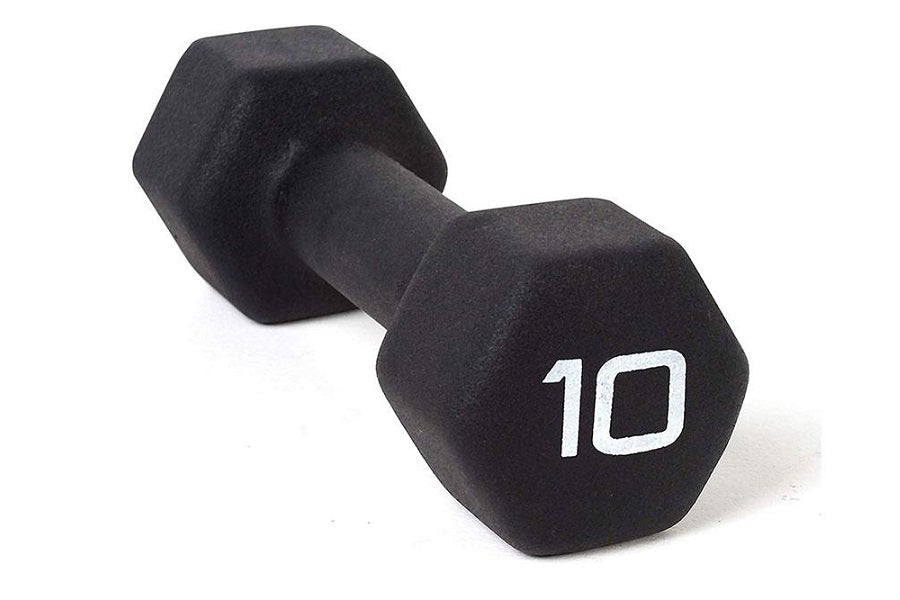 Pair of black neoprene-coated dumbbells with white "10" markings on white background