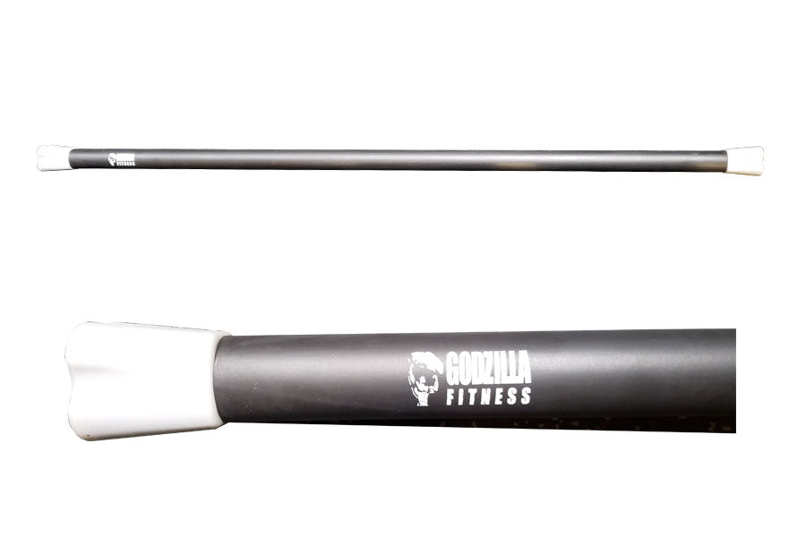Black steel body bar with white end caps, 10lb Warrior Fitness bar on white background