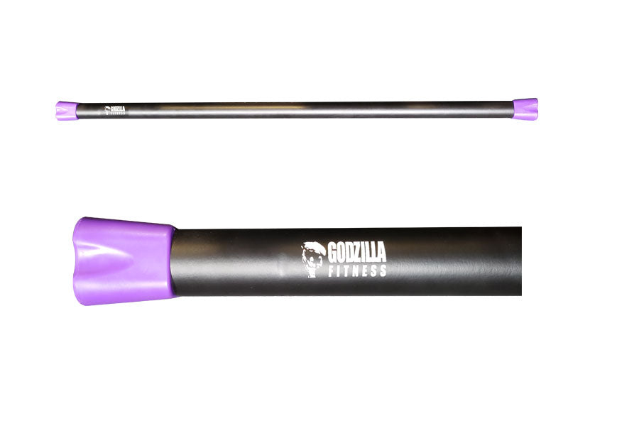 Warrior Body Bar 10lb with black steel shaft and purple end caps, flat lay view