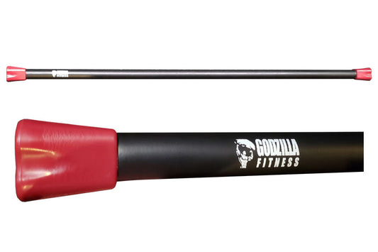 Warrior Body Bar 25lb with red padded end caps and black shaft, shown in top and side views on white background