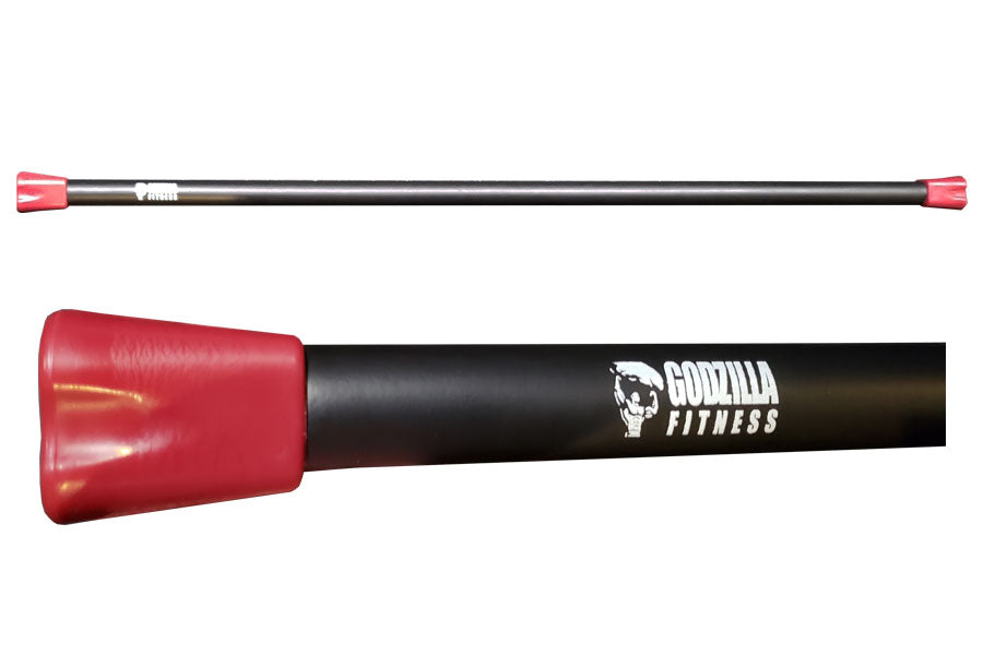Warrior Body Bar 8lb with red padded end and black shaft, shown in flat lay view