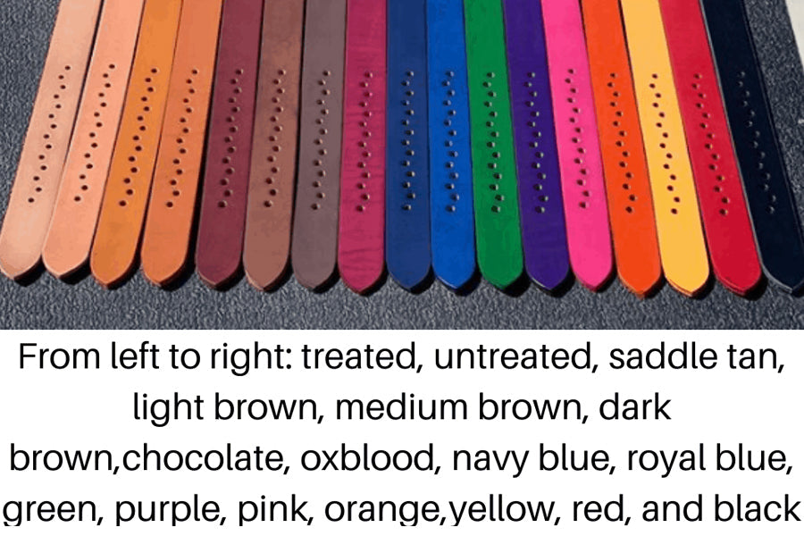 Leather belts in 18 colors arranged in rows, ranging from tan and brown to blue, green, purple, pink, orange, yellow, red, an