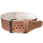 Tan leather weightlifting belt with white stitching, metal buckle, and ventilation holes, displayed on white background
