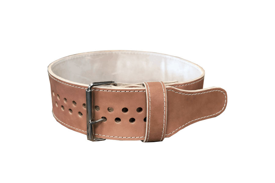 Tan leather weightlifting belt with perforated holes, white stitching, and silver metal buckle on white background