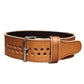 Tan leather lifting belt with perforated ventilation holes, silver buckle, and black interior lining on white background