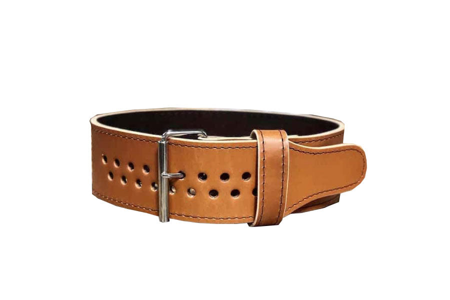 Tan leather power belt with perforated design, silver buckle, and black inner lining on white background