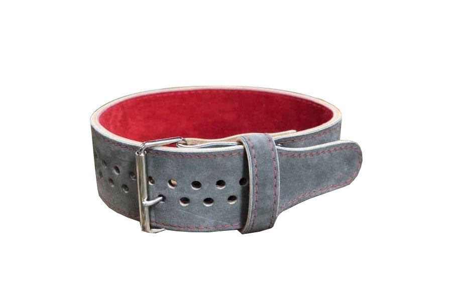 Gray leather weightlifting belt with red felt lining and metal buckle on white background