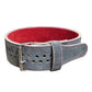 Gray leather weightlifting belt with red suede lining, metal buckle, and ventilation holes, shown on white background