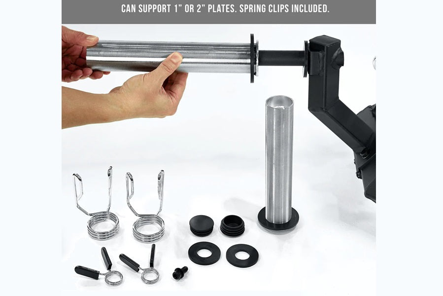 Warrior Open Trap Bar with stainless steel shaft and black handles, shown with spring clips and component parts displayed on 