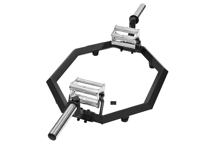 Warrior Super Hex Trap Bar with rotating handles, black frame with chrome steel sleeves and bars, flat lay on white backgroun