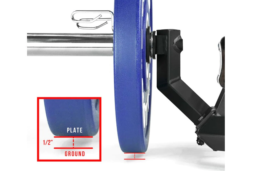 Warrior Open Trap Bar with blue weight plate and black handles, showing 1/2" ground clearance detail