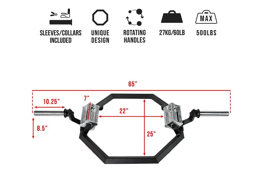 Warrior Super Hex Trap Bar with rotating handles, black steel construction, 65 inches wide, with dimension measurements displ