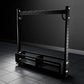 Black metal storage rack with adjustable shelving, perforated base shelf, and chain hanger bar, shown on tile floor