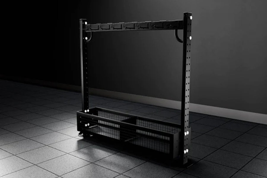 Black metal storage rack with adjustable shelving, perforated base shelf, and chain hanger bar, shown on tile floor