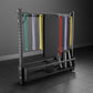 Black metal storage rack system with colorful resistance bands and suspension straps hanging on horizontal bars, featuring bo