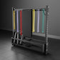 Warrior multi-purpose storage rack with adjustable shelving, holding yellow, purple, red, and mint resistance bands on horizo