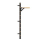 Black metal wall-mounted Swedish ladder with wooden rungs and brass rivets, adjustable pull-up bar, on white background
