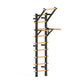 Wall-mounted Swedish stall bars with black metal frame and natural wood rungs, featuring pull-up bar on white background