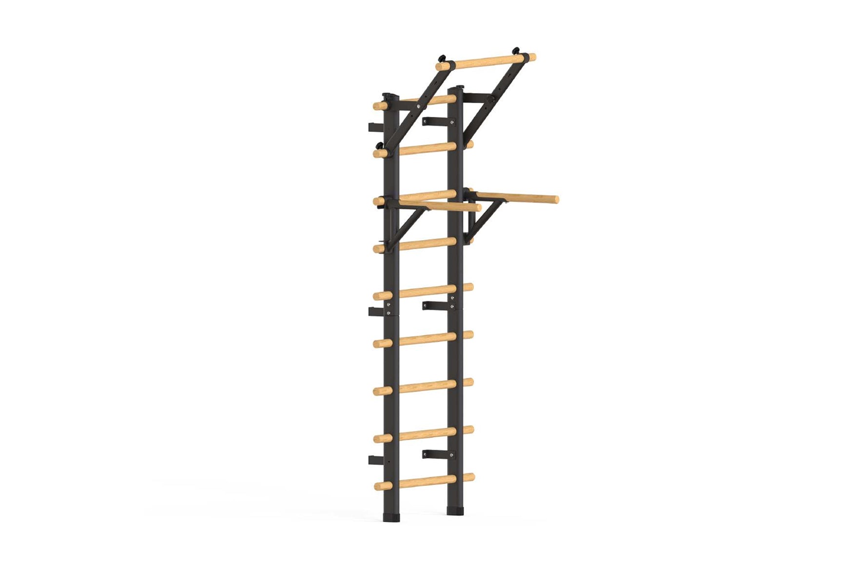 Wall-mounted Swedish stall bars with black metal frame and natural wood rungs, featuring pull-up bar on white background