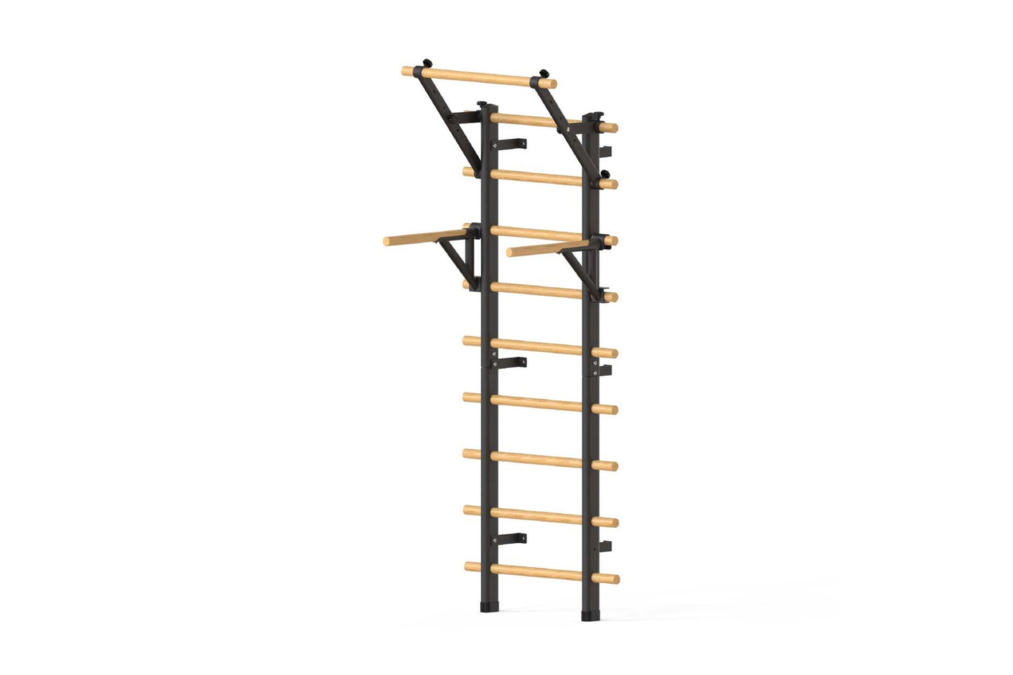 Warrior Swedish stall bars with black metal frame and natural wood rungs on white background