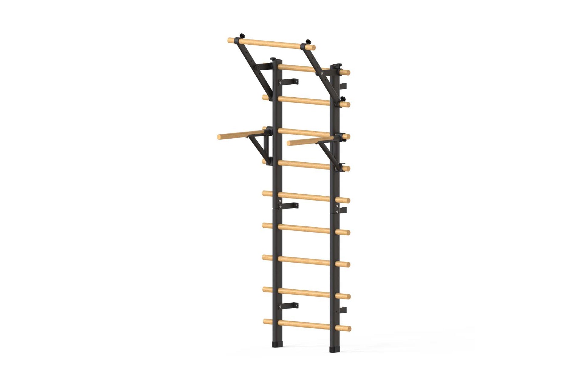 Warrior Swedish stall bars with black metal frame and natural wood rungs on white background