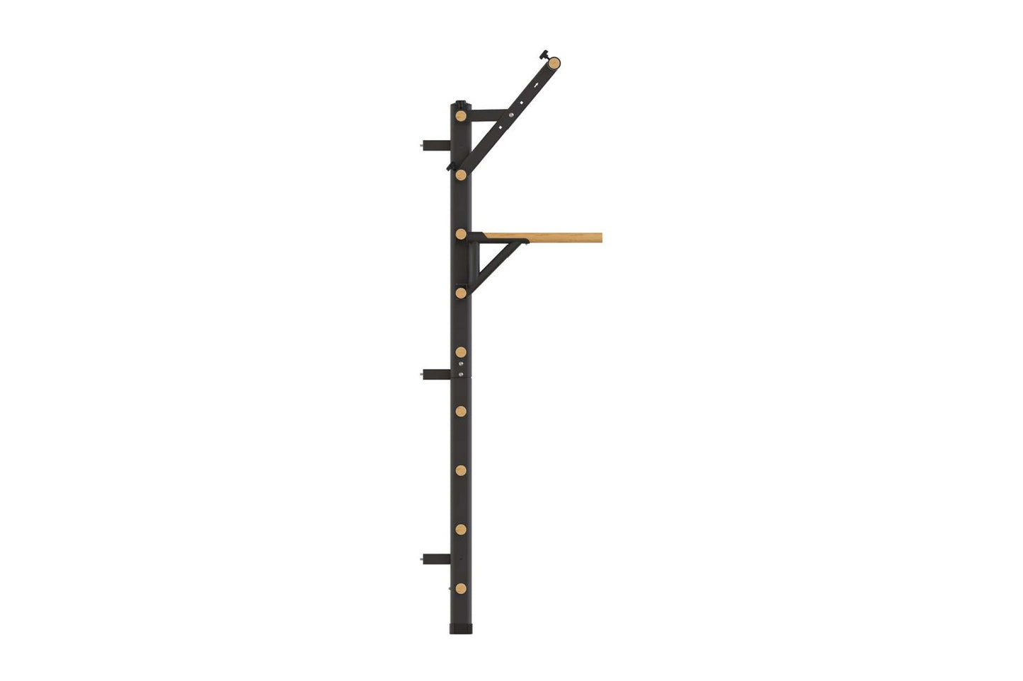 Black steel Swedish stall bars with wooden dowels and brass fasteners, featuring adjustable arms and multiple grip positions,