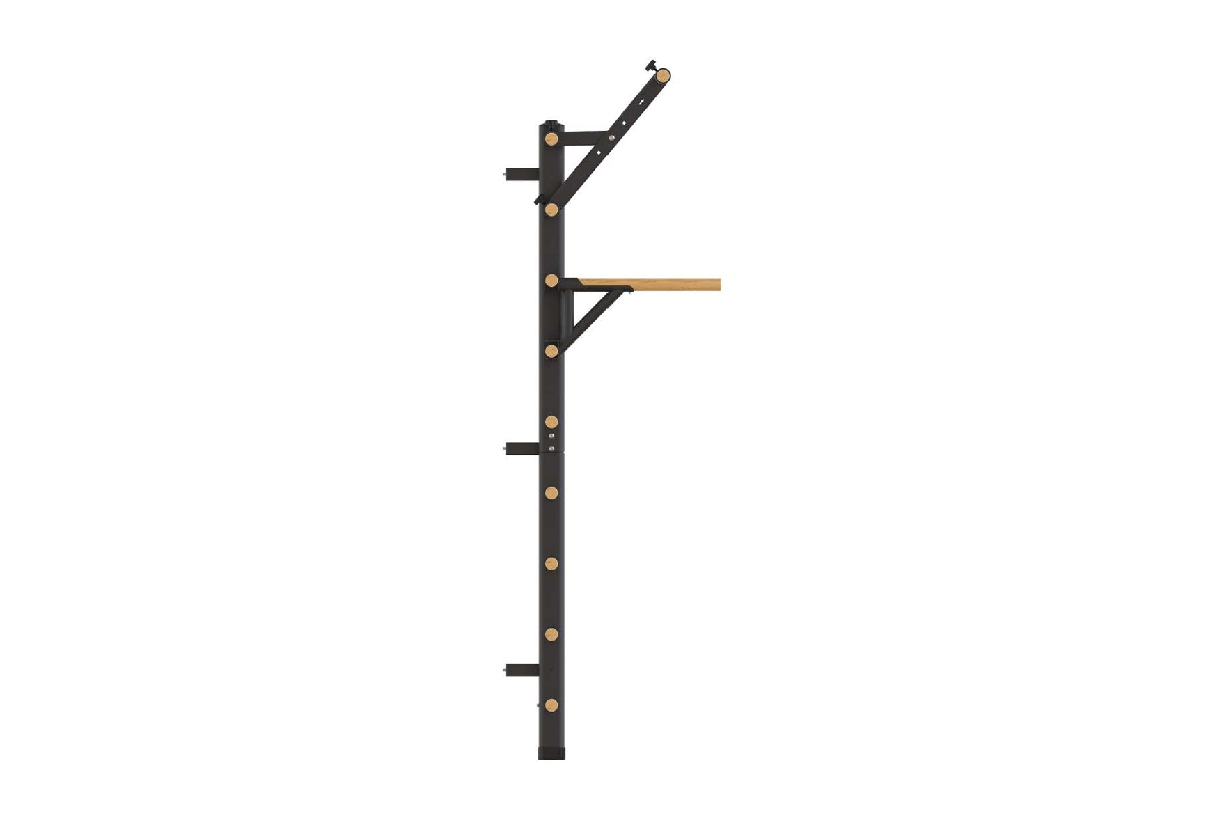 Black steel Swedish stall bars with wooden dowels and brass fasteners, featuring adjustable arms and multiple grip positions,