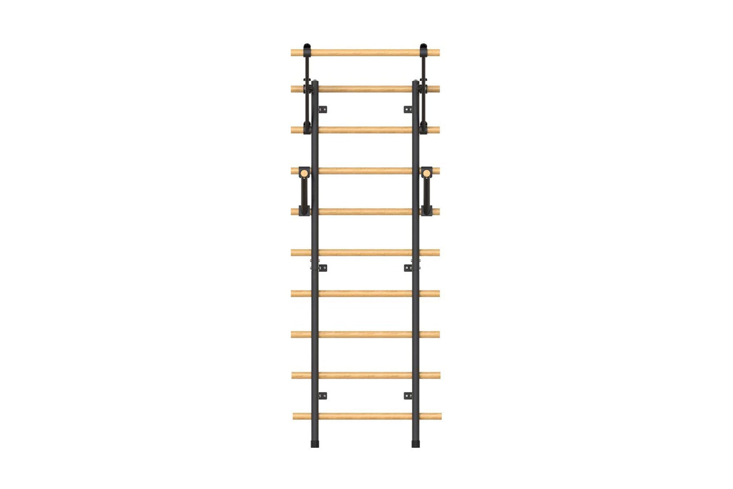 Wooden Swedish stall bars with horizontal rungs and black metal frame on white background