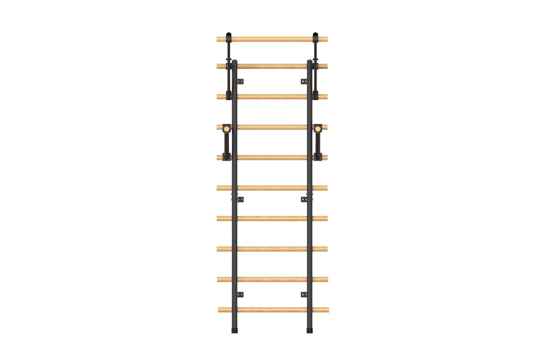 Wooden Swedish stall bars with horizontal rungs and black metal frame on white background